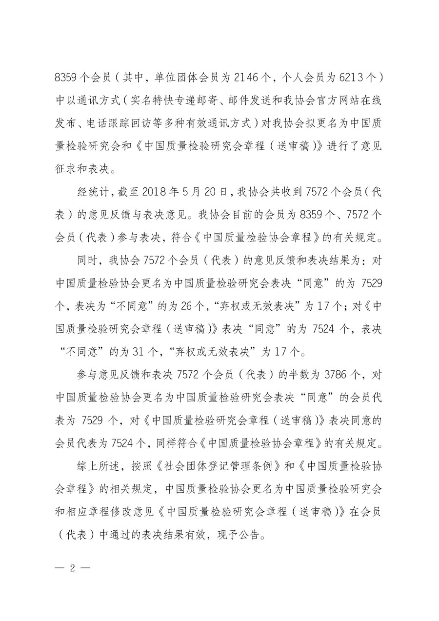 中国质量检验协会关于在会员（代表）中对中国质量检验协会更名为中国质量检验研究会和《中国质量检验研究会章程（送审稿）》意见征求和表决结果的公告2018年第1号