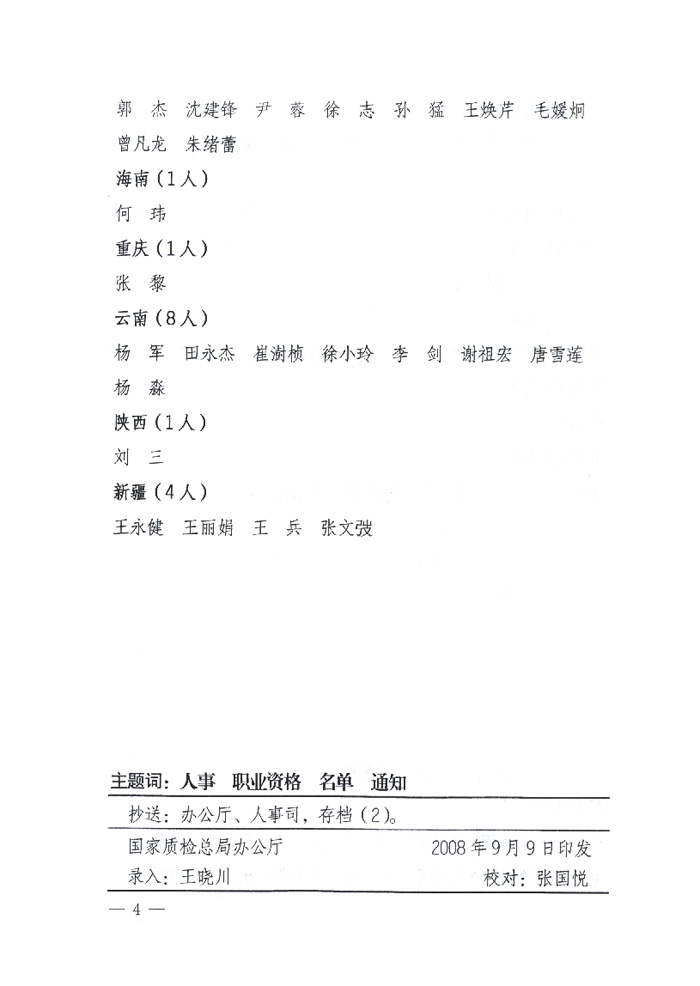 国家质量监督检验检疫总局《关于公布2008年度珠宝玉石质量检验师执业资格考试合格人员名单的通知》