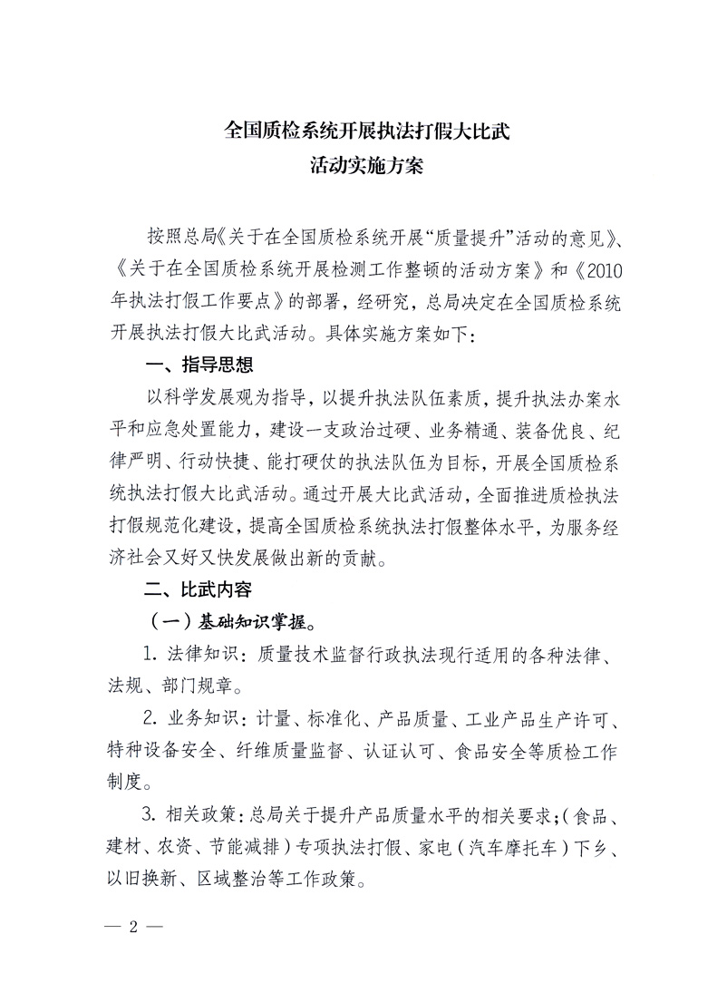 国家质量监督检验检疫总局《关于印发<全国质检系统开展执法打假大比武活动实施方案>的通知》