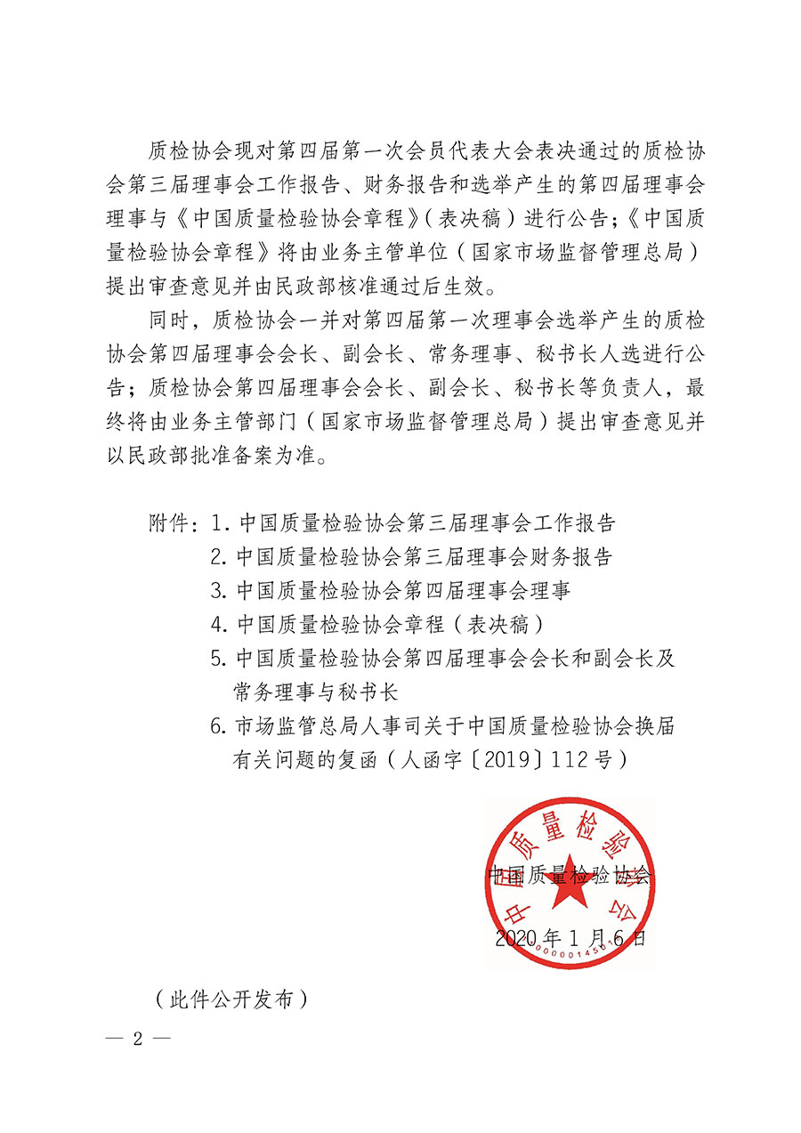 中国质量检验协会关于第四届第一次会员代表大会和第四届第一次理事会相关表决结果的公告(中检办发〔2020〕1号)