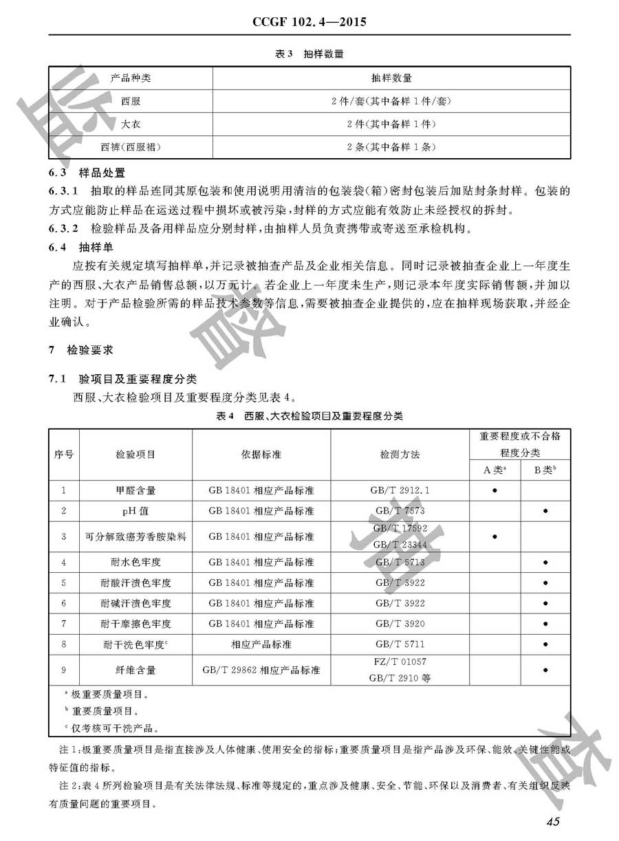 西服、大衣产品质量监督抽查实施规范